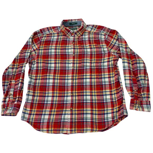 Woolrich Mens Large Trout Run Red Gold Plaid Long Sleeve Cotton Flannel Shirt - Picture 1 of 8